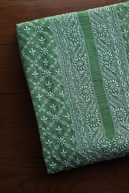Green All Over Chikankari Malmal Unstitched Men's Kurtas Fabric