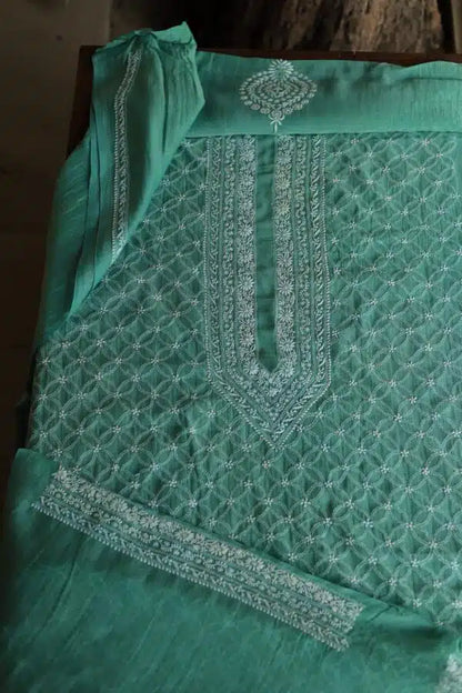 Green All Over Chikankari Malmal Unstitched Men's Kurtas Fabric