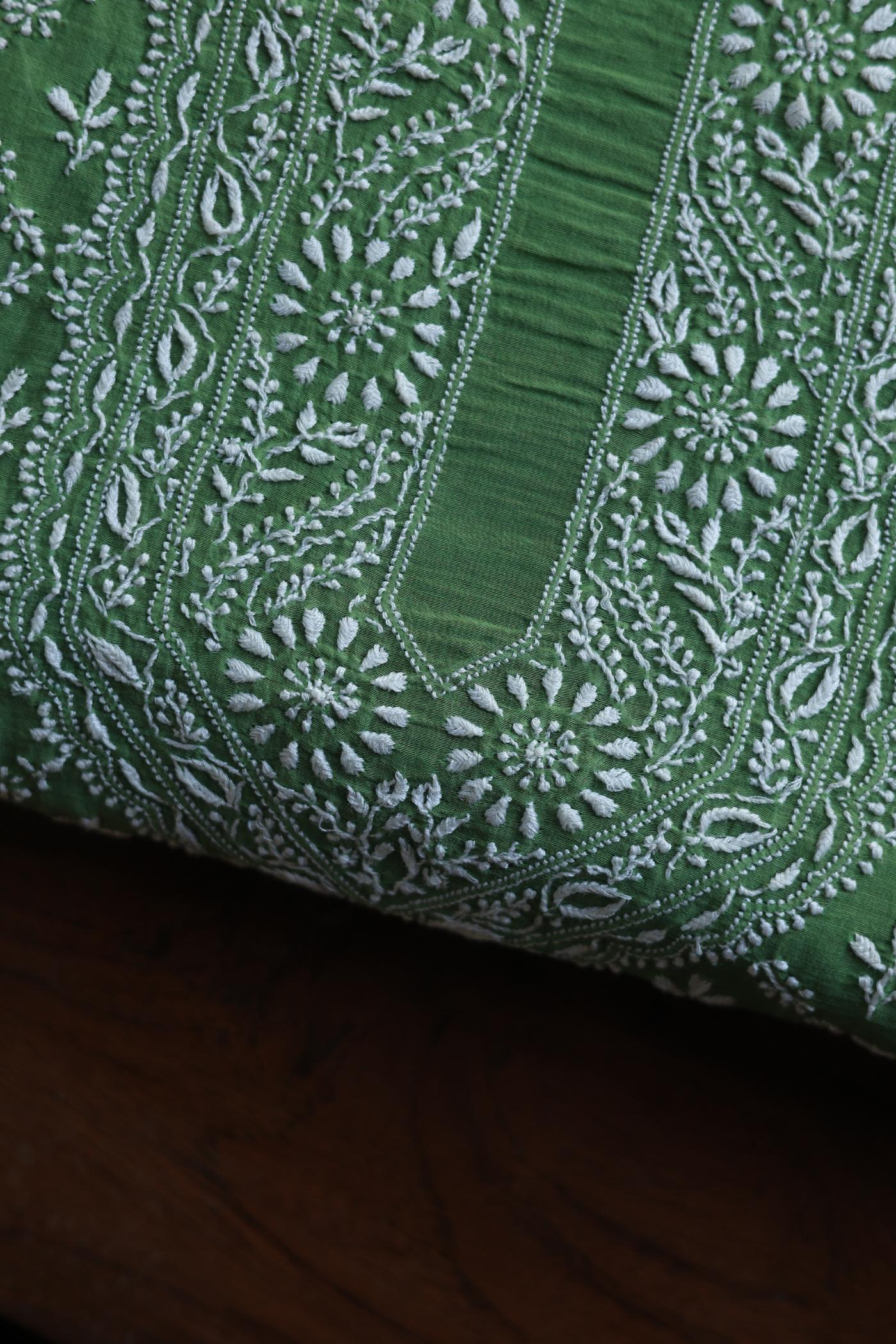 Green All Over Chikankari Malmal Unstitched Men's Kurtas Fabric