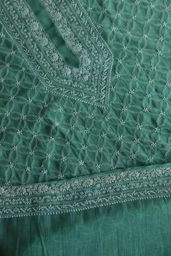 Green All Over Chikankari Malmal Unstitched Men's Kurtas Fabric
