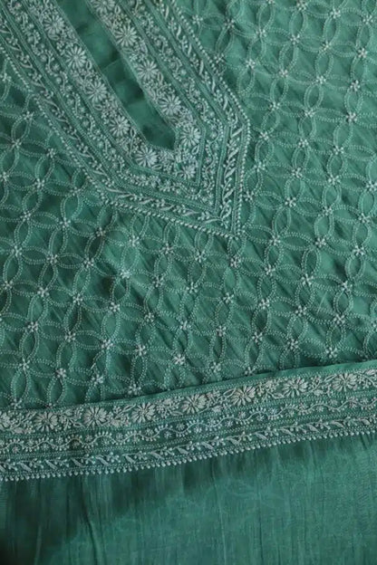 Green All Over Chikankari Malmal Unstitched Men's Kurtas Fabric