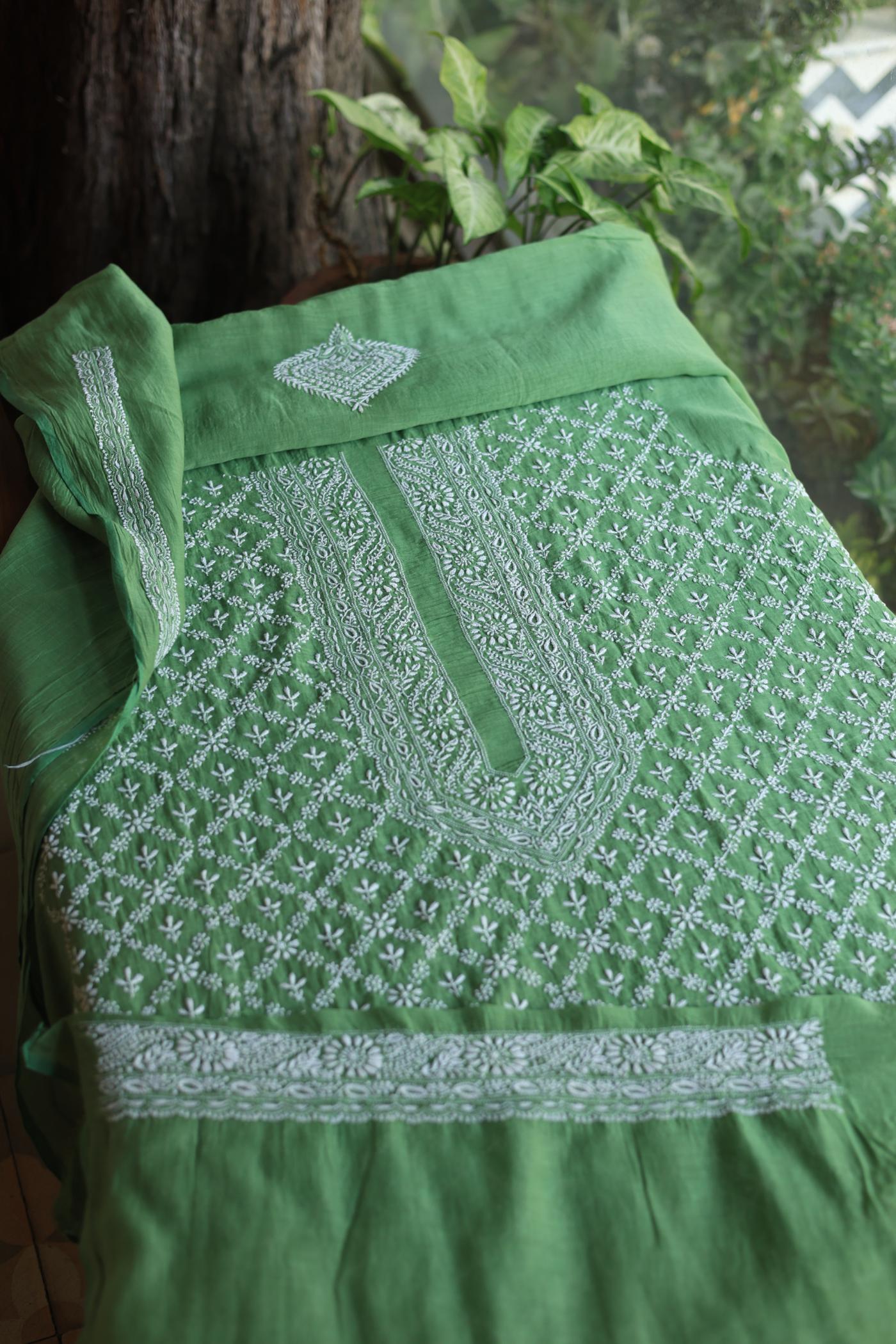 Green All Over Chikankari Malmal Unstitched Men's Kurtas Fabric