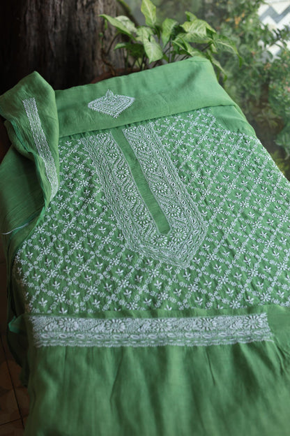 Green All Over Chikankari Malmal Unstitched Men's Kurtas Fabric