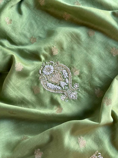 Green Banarasi Zari Chanderi Chikankari Unstitched Kurta Dupatta Fabric Set
