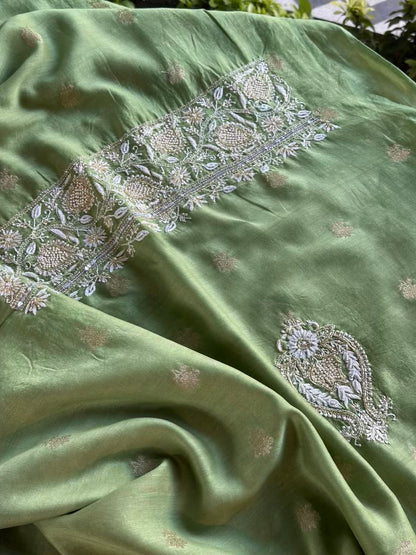 Green Banarasi Zari Chanderi Chikankari Unstitched Kurta Dupatta Fabric Set