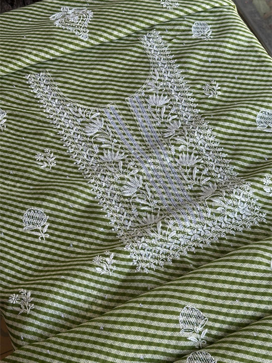 Green Kota Lehriya Print Chikankari Unstitched Women's Kurta Fabric