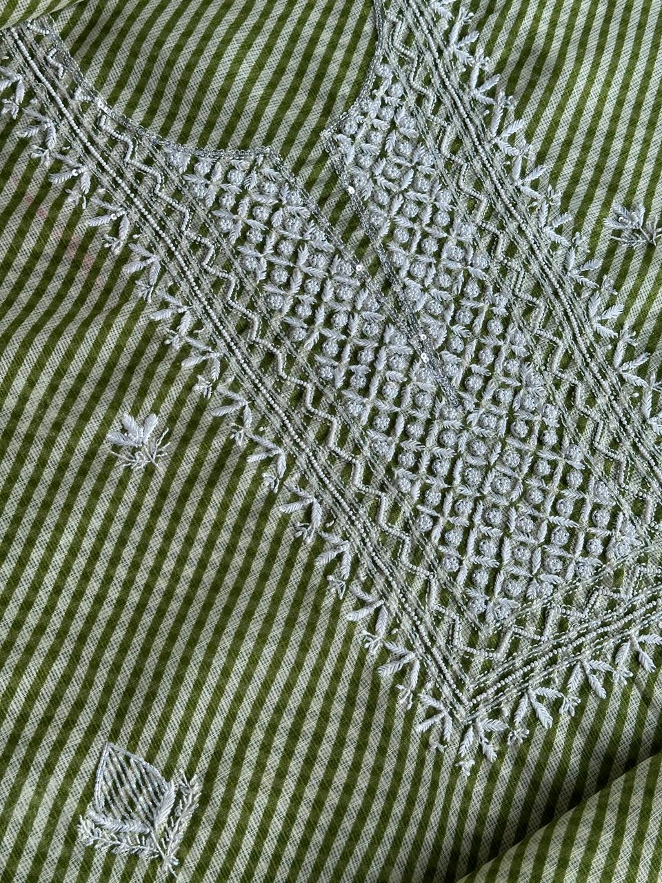Green Kota Lehriya Print Chikankari Unstitched Women's Kurta Fabric