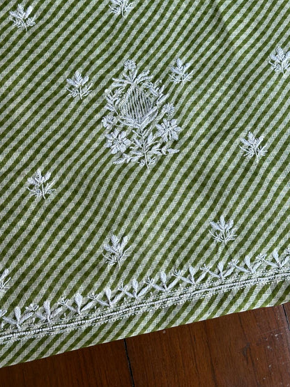 Green Kota Lehriya Print Chikankari Unstitched Women's Kurta Fabric