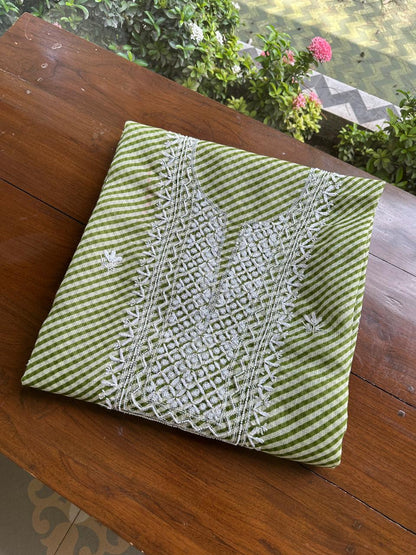 Green Kota Lehriya Print Chikankari Unstitched Women's Kurta Fabric