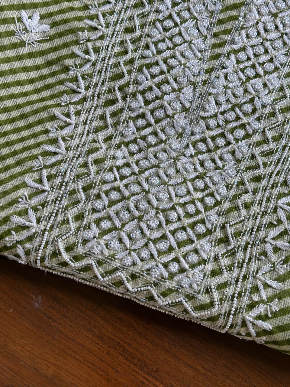 Green Kota Lehriya Print Chikankari Unstitched Women's Kurta Fabric