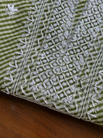 Green Kota Lehriya Print Chikankari Unstitched Women's Kurta Fabric