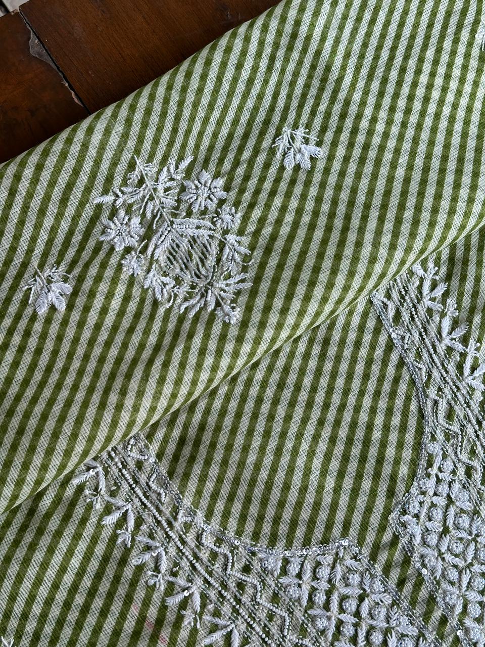 Green Kota Lehriya Print Chikankari Unstitched Women's Kurta Fabric