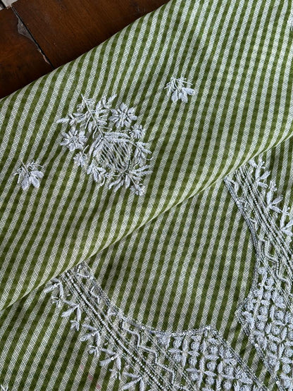 Green Kota Lehriya Print Chikankari Unstitched Women's Kurta Fabric