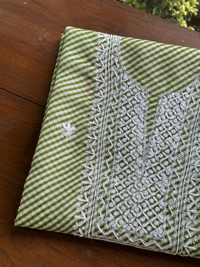 Green Kota Lehriya Print Chikankari Unstitched Women's Kurta Fabric