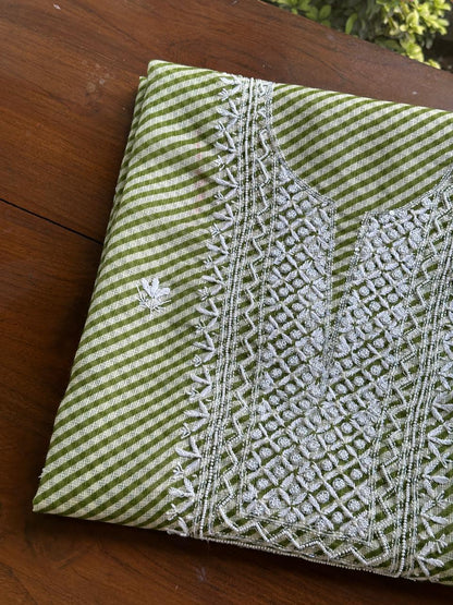 Green Kota Lehriya Print Chikankari Unstitched Women's Kurta Fabric