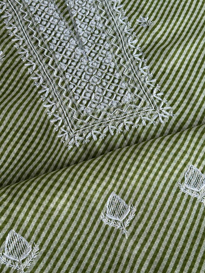 Green Kota Lehriya Print Chikankari Unstitched Women's Kurta Fabric