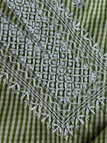 Green Kota Lehriya Print Chikankari Unstitched Women's Kurta Fabric