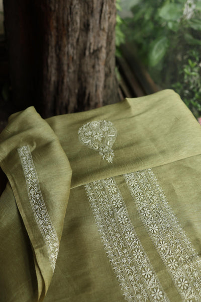 Green Linen Chikankari Unstitched Men's Kurta Fabric