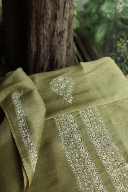 Green Linen Chikankari Unstitched Men's Kurta Fabric