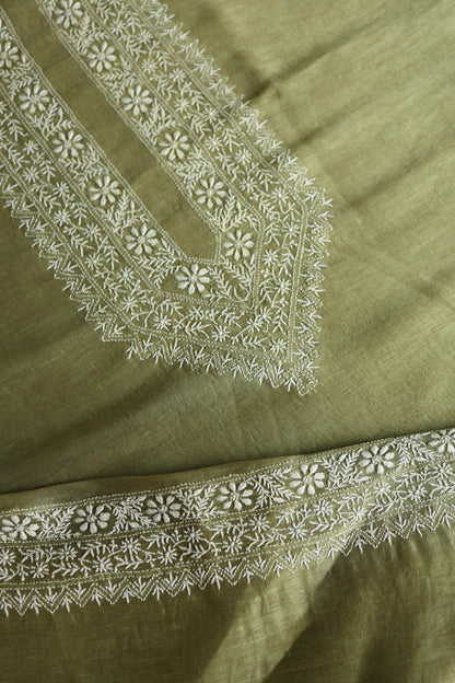 Green Linen Chikankari Unstitched Men's Kurta Fabric