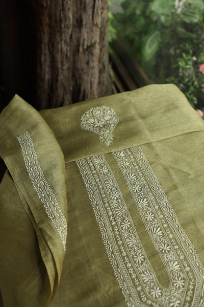 Green Linen Chikankari Unstitched Men's Kurta Fabric