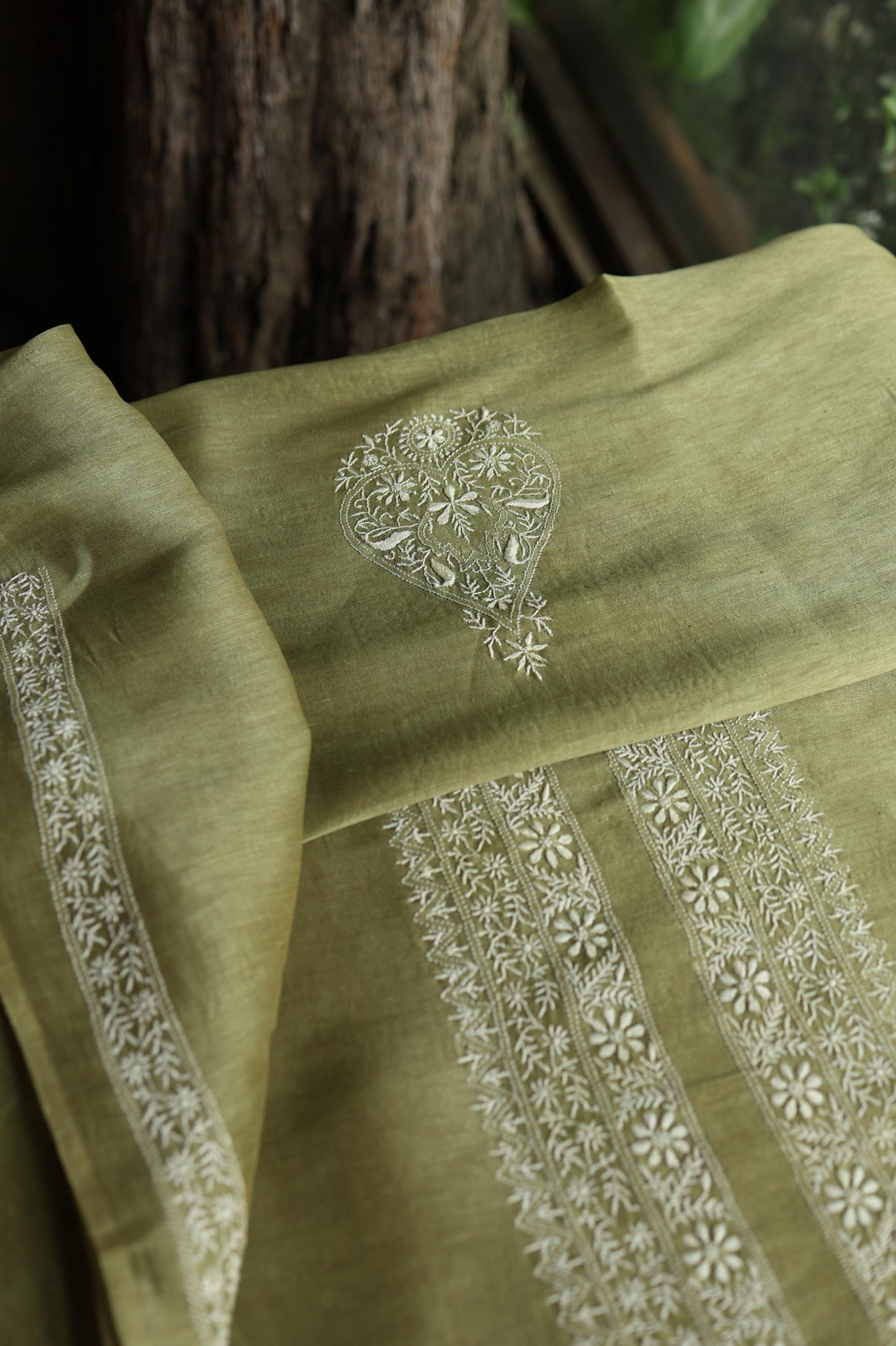Green Linen Chikankari Unstitched Men's Kurta Fabric