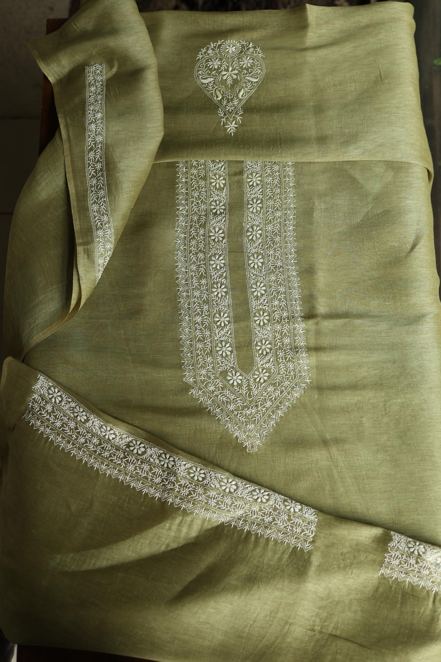 Green Linen Chikankari Unstitched Men's Kurta Fabric