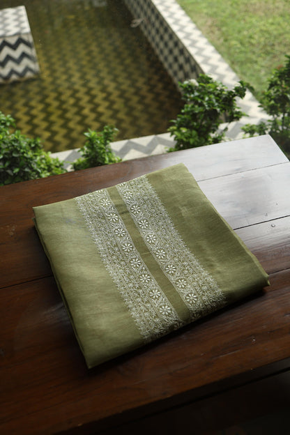 Green Linen Chikankari Unstitched Men's Kurta Fabric