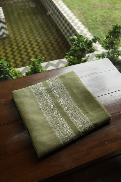 Green Linen Chikankari Unstitched Men's Kurta Fabric