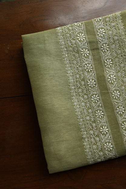 Green Linen Chikankari Unstitched Men's Kurta Fabric