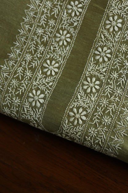 Green Linen Chikankari Unstitched Men's Kurta Fabric