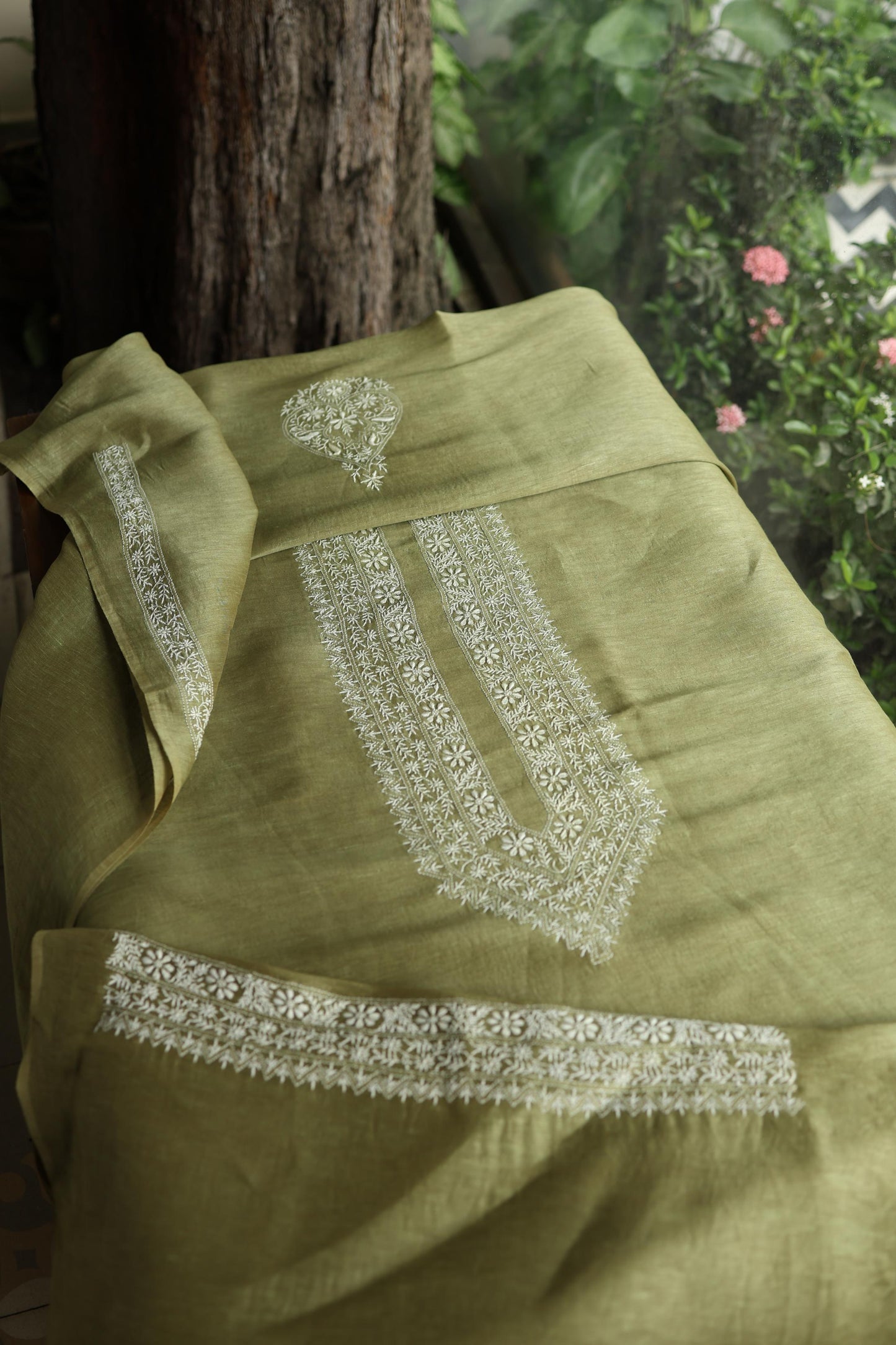 Green Linen Chikankari Unstitched Men's Kurta Fabric