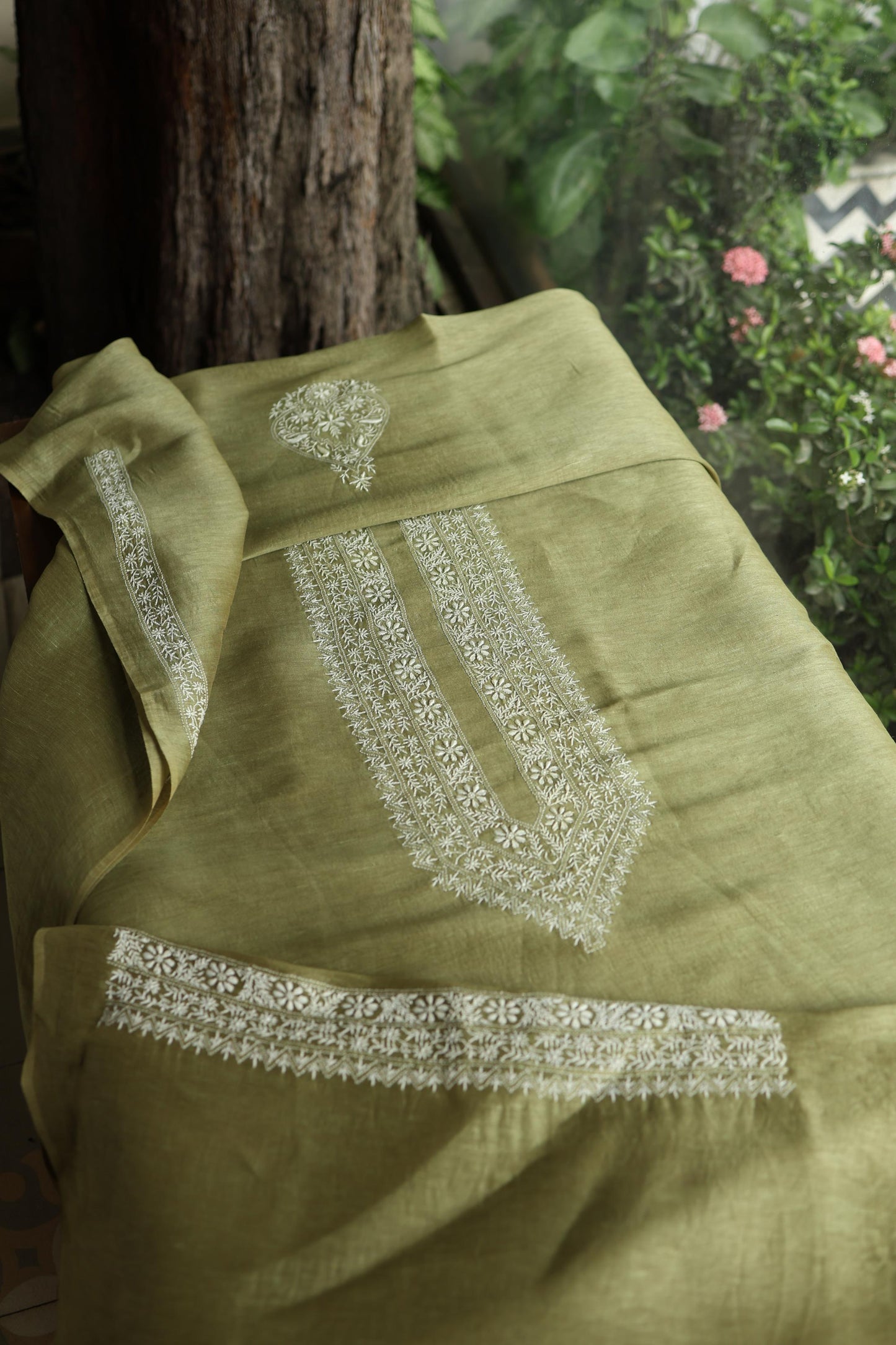 Green Linen Chikankari Unstitched Men's Kurta Fabric