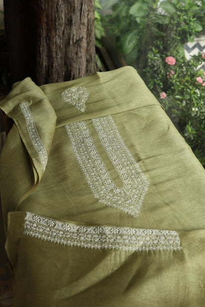 Green Linen Chikankari Unstitched Men's Kurta Fabric