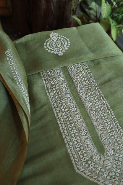 Green Linen Chikankari Unstitched Men's Kurtas Fabric