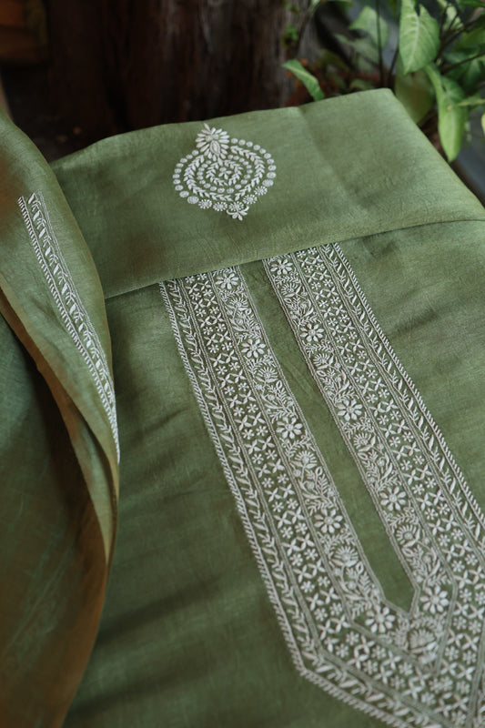 Green Linen Chikankari Unstitched Men's Kurtas Fabric