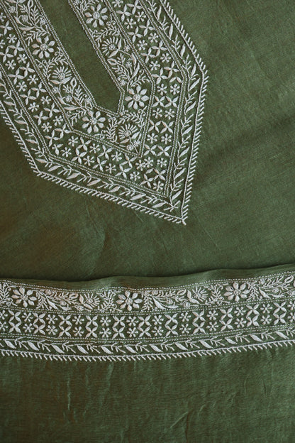 Green Linen Chikankari Unstitched Men's Kurtas Fabric
