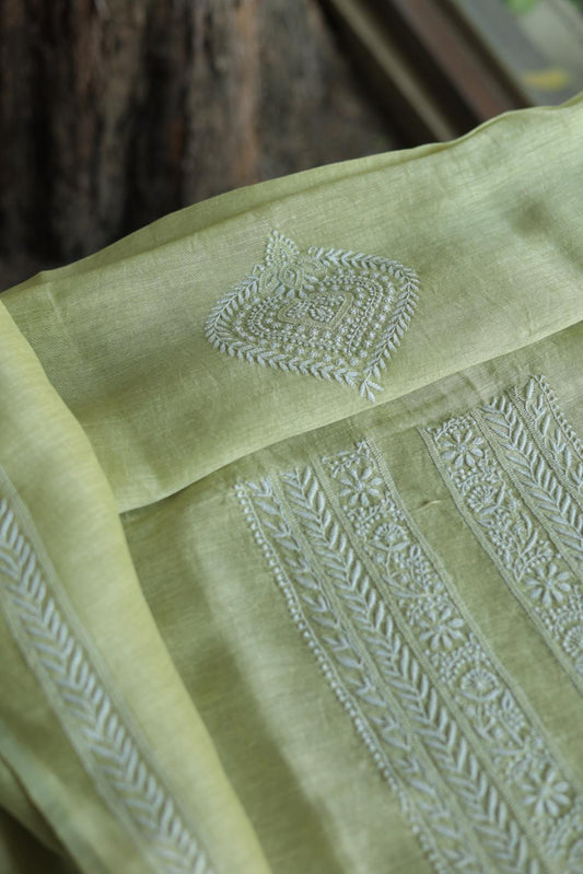 Green Linen Chikankari Unstitched Men's Kurtas Fabric