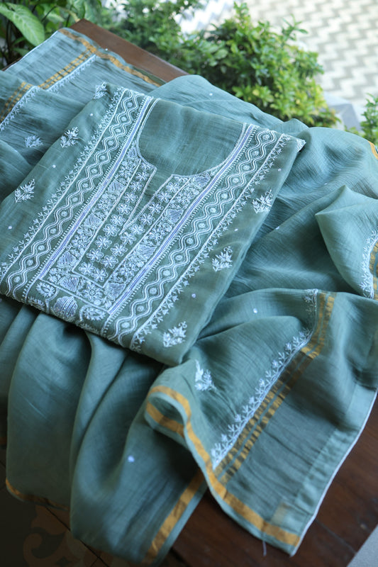 Green Mal Chanderi Silk Chikankari With Sequins Unstitched Kurta Dupatta Set