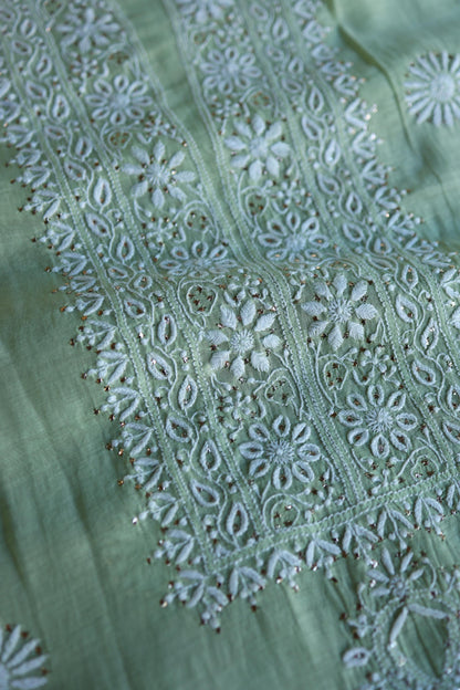 Green Mal Cotton Chikankari Kurta & Dupatta Set with Mukaish Work