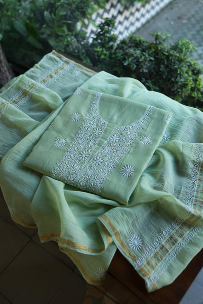 Green Mal Cotton Chikankari Kurta & Dupatta Set with Mukaish Work