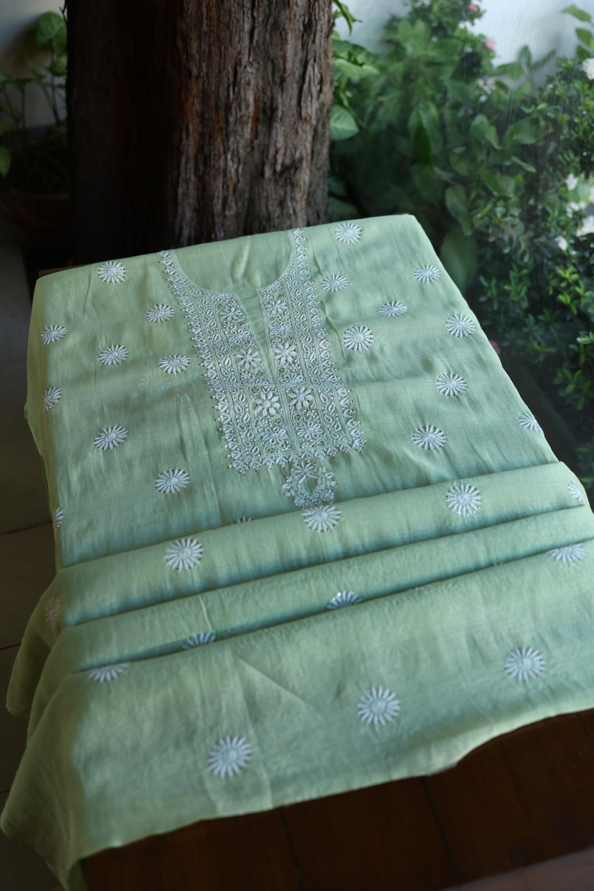 Green Mal Cotton Chikankari Kurta & Dupatta Set with Mukaish Work