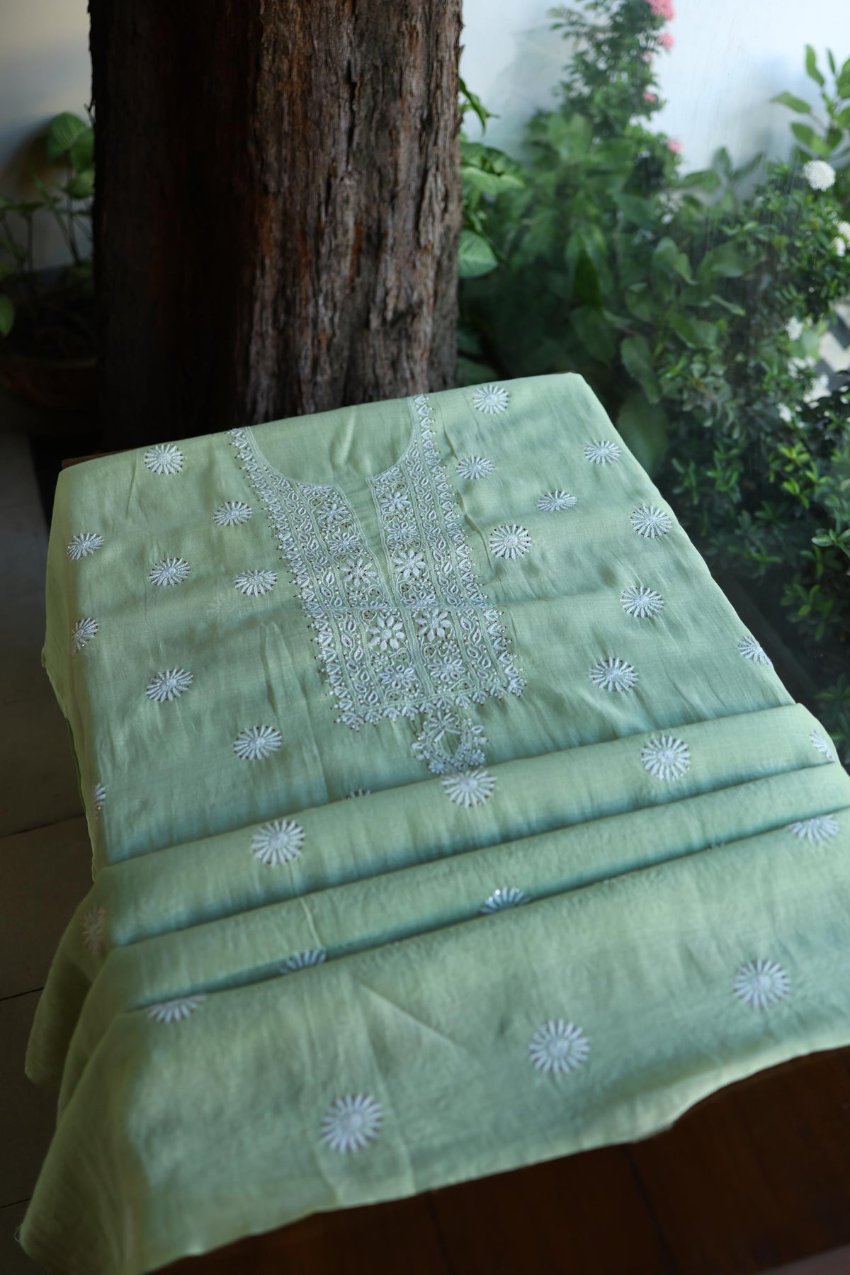 Green Mal Cotton Chikankari Kurta & Dupatta Set with Mukaish Work