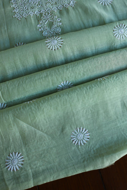 Green Mal Cotton Chikankari Kurta & Dupatta Set with Mukaish Work