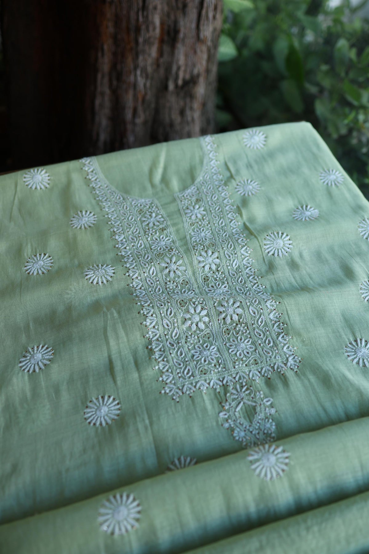 Green Mal Cotton Chikankari Kurta & Dupatta Set with Mukaish Work