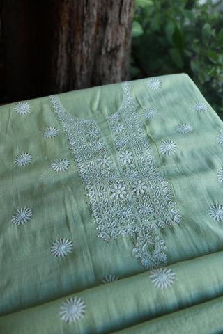 Green Mal Cotton Chikankari Kurta & Dupatta Set with Mukaish Work
