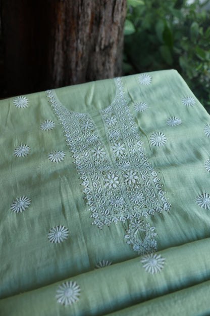 Green Mal Cotton Chikankari Kurta & Dupatta Set with Mukaish Work