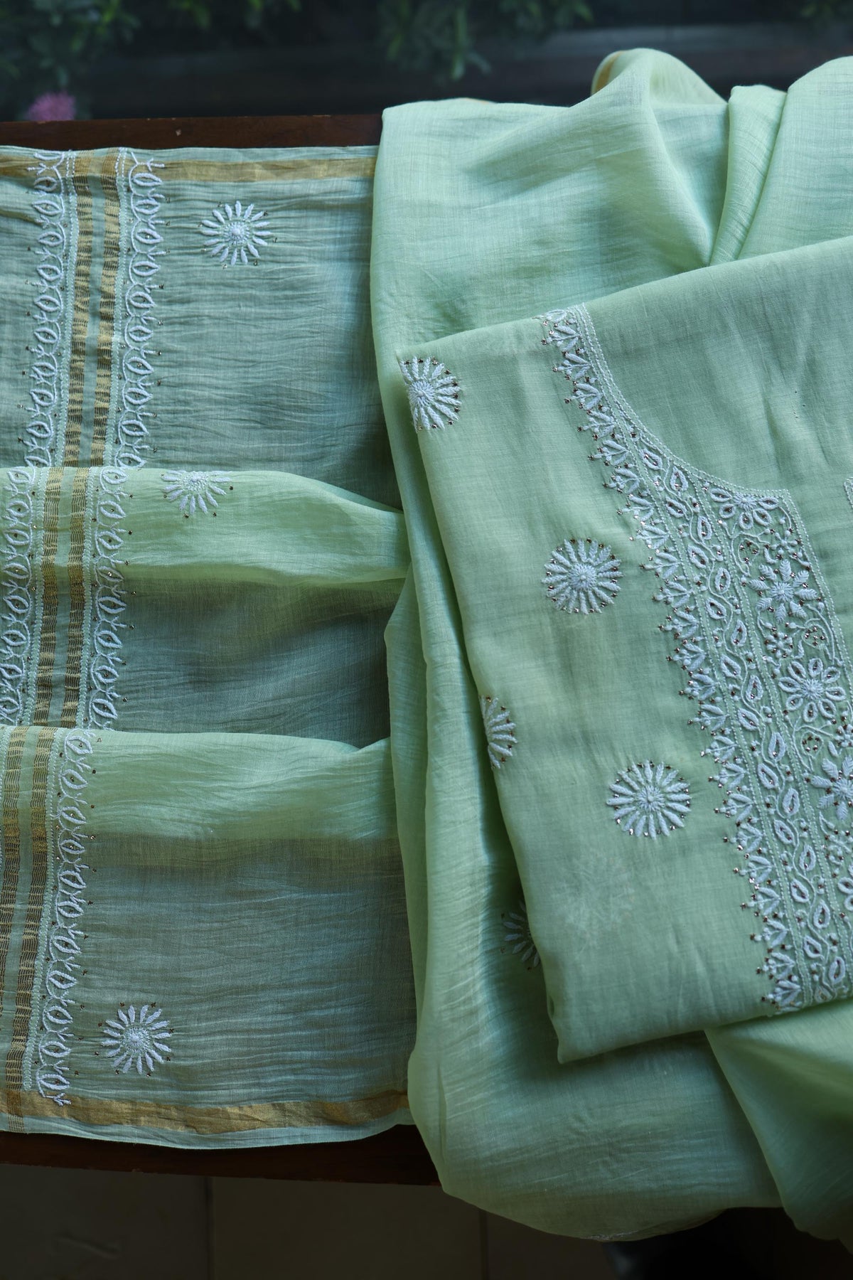 Green Mal Cotton Chikankari Kurta & Dupatta Set with Mukaish Work
