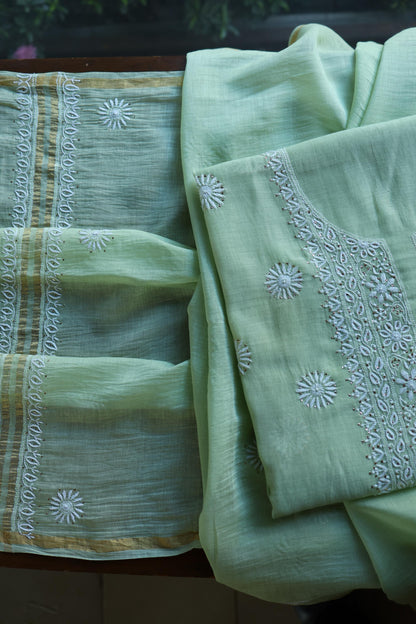 Green Mal Cotton Chikankari Kurta & Dupatta Set with Mukaish Work