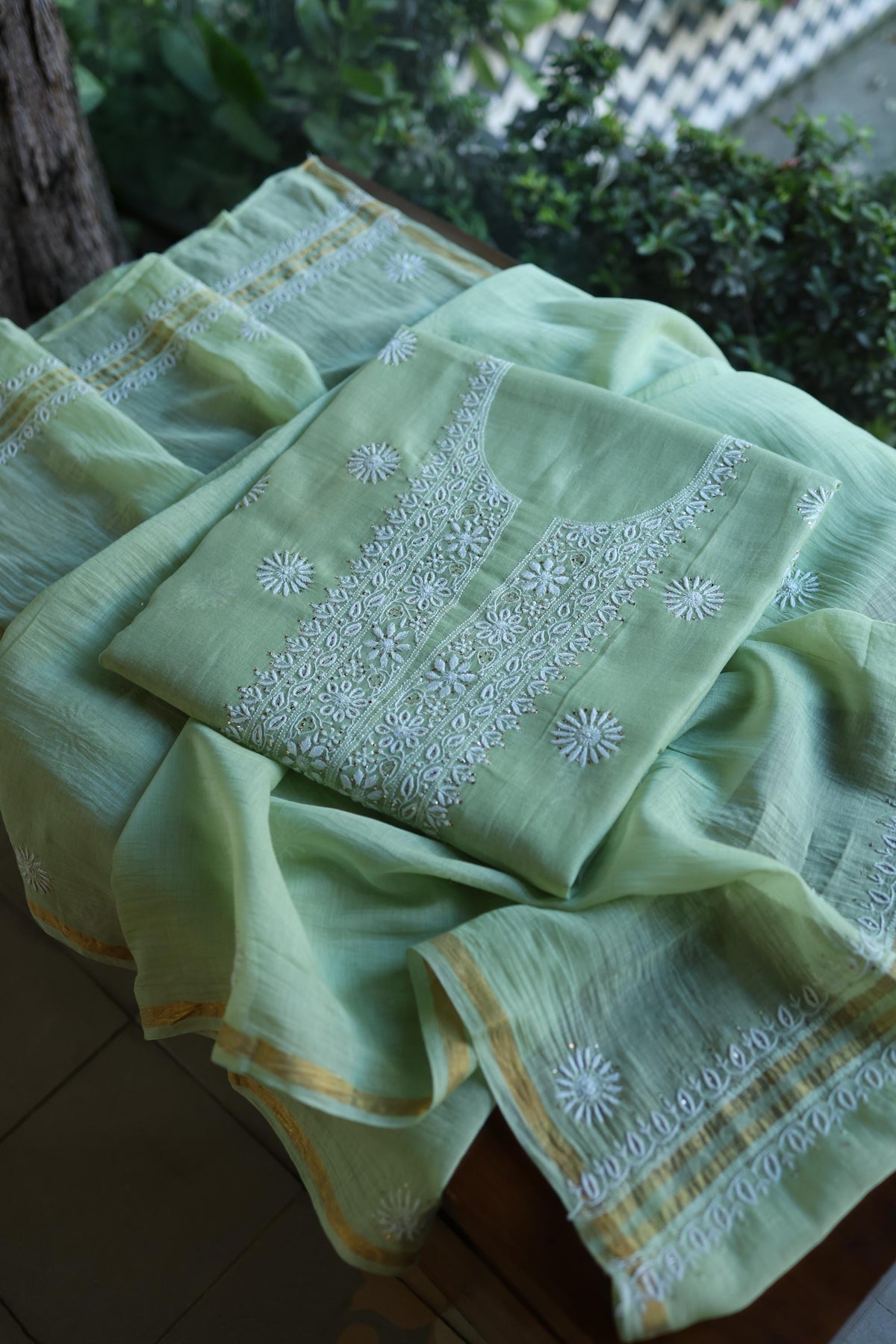 Green Mal Cotton Chikankari Kurta & Dupatta Set with Mukaish Work